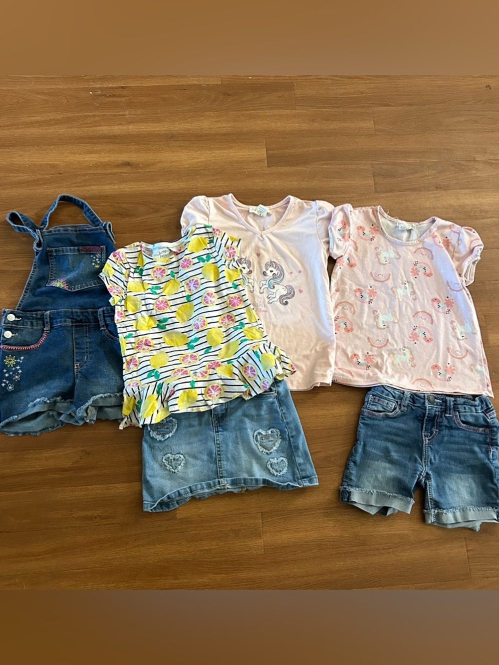 Girls Summer Outfit Bundle Pink, Yellow, Denim shorts shortalls skort sz 6 tops
